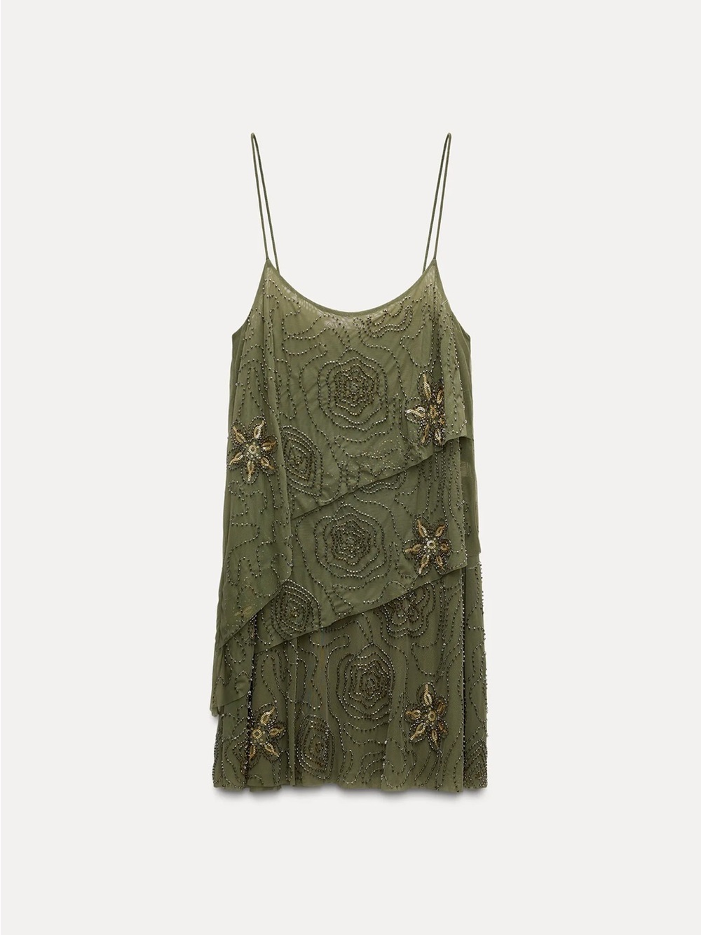 Zara Olive Beaded Floral Slip Mini Dress